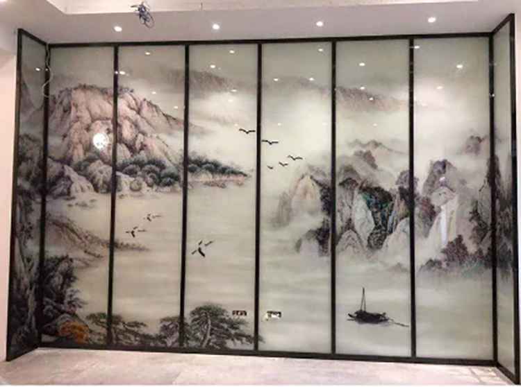 办公室形象山水画背景墙玻璃