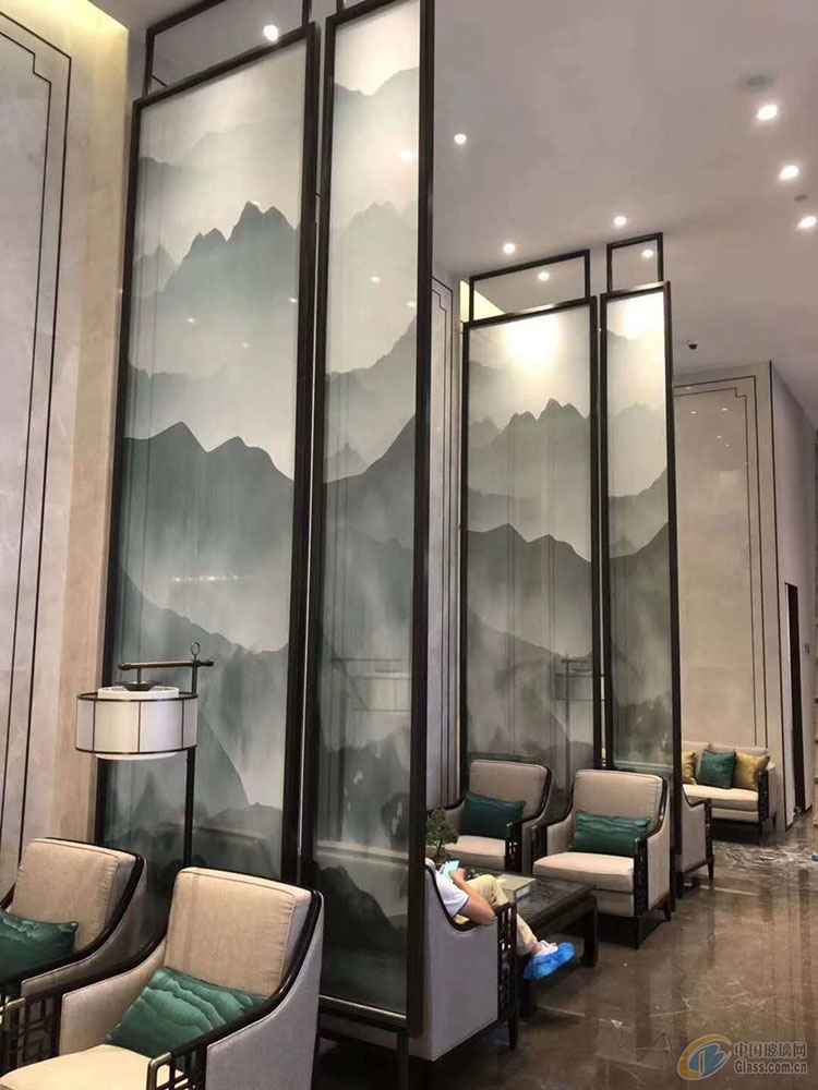 客厅背景双面透光图案山水画玻璃